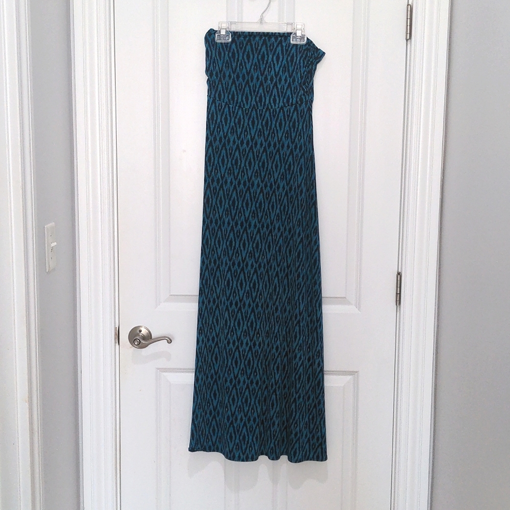 Banana Republic blue-green geometric pattern dress, strapless